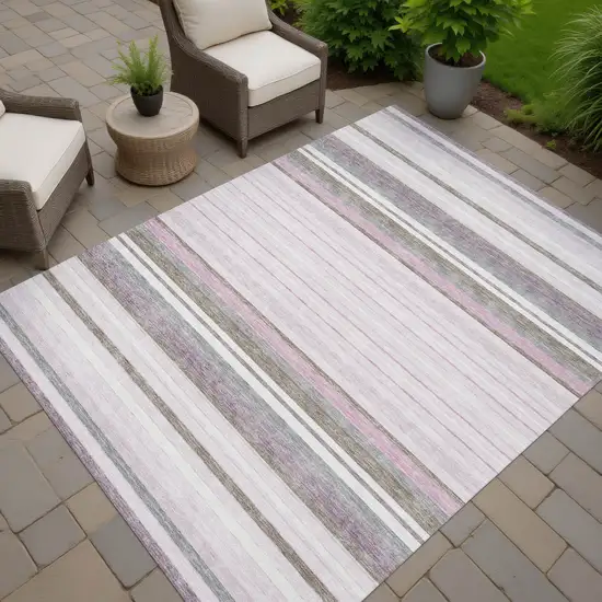 Blush Purple And Ivory Striped Washable Indoor Outdoor Area Rug Photo 7