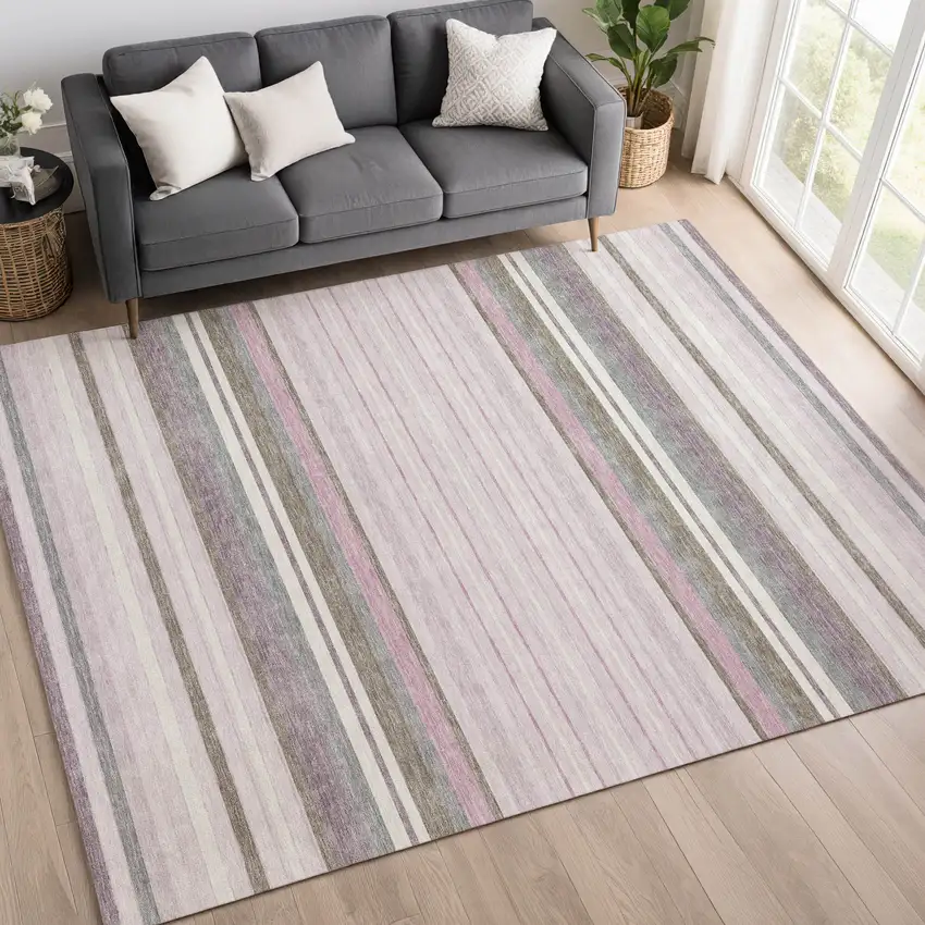 Blush Purple And Ivory Striped Washable Indoor Outdoor Area Rug Photo 9