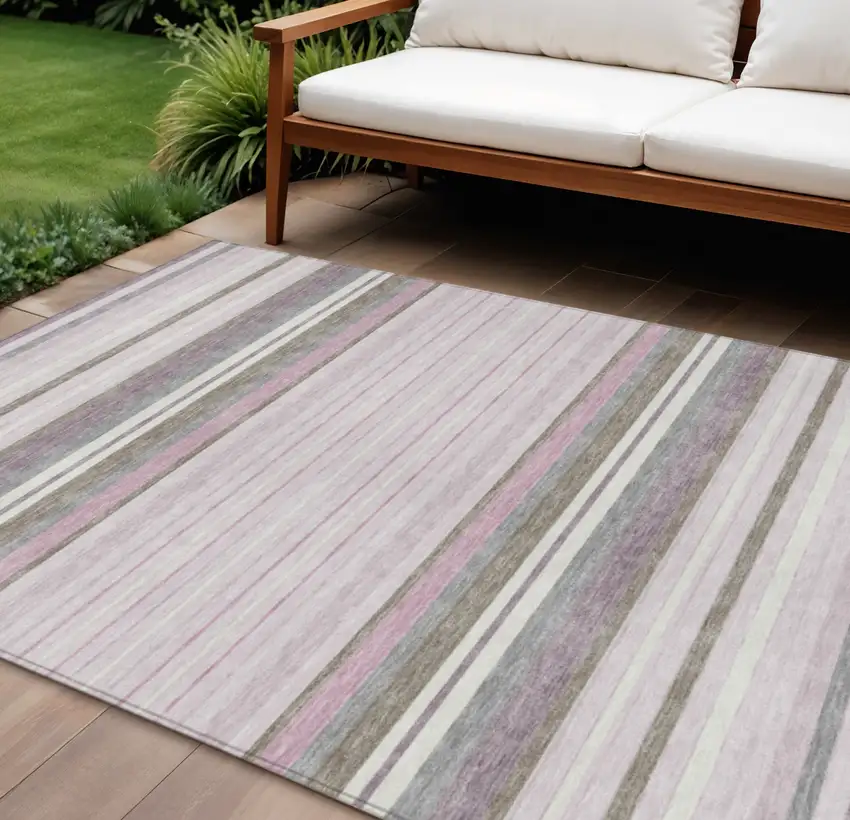 Blush Purple And Ivory Striped Washable Indoor Outdoor Area Rug Photo 1