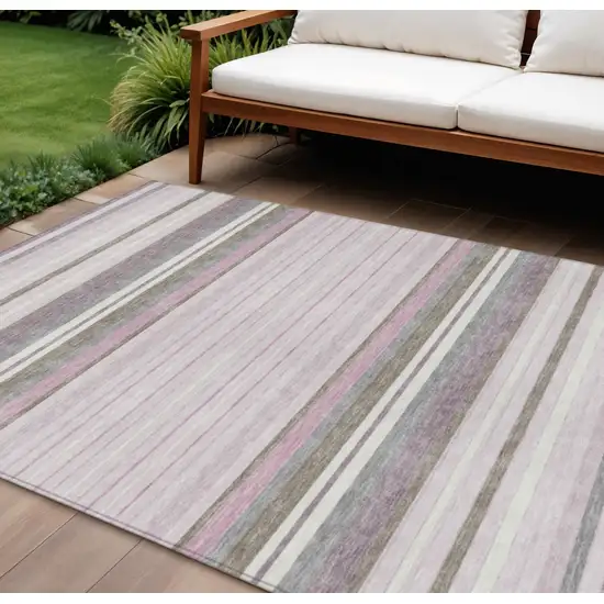 Blush Purple And Ivory Striped Washable Indoor Outdoor Area Rug Photo 1