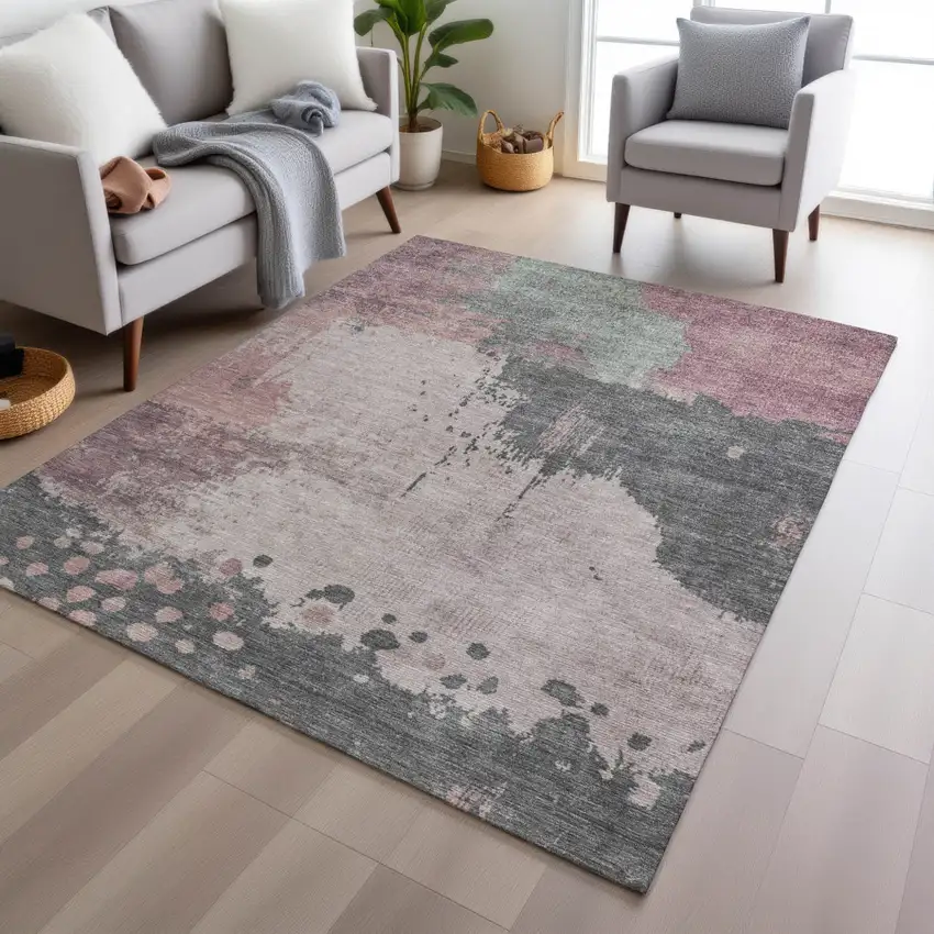 Blush Sage And Charcoal Abstract Washable Indoor Outdoor Area Rug Photo 5