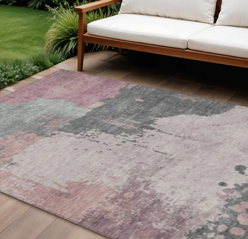 Blush Sage And Charcoal Abstract Washable Indoor Outdoor Area Rug Photo 2