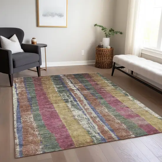 Blush Sage And Gold Striped Washable Indoor Outdoor Area Rug Photo 6