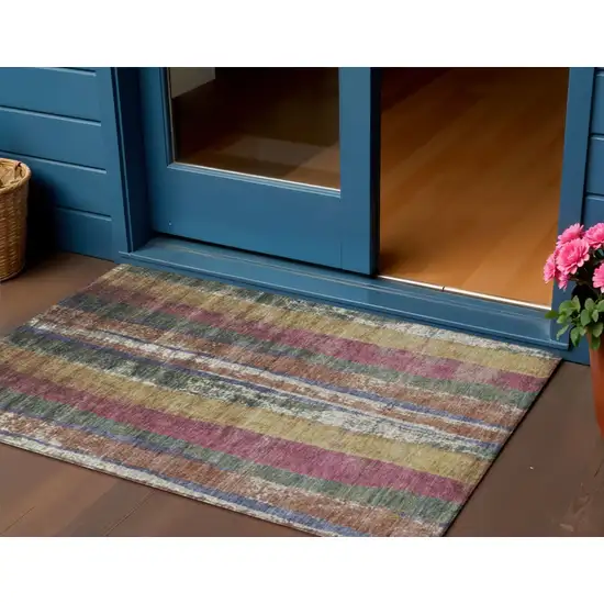Blush Sage And Gold Striped Washable Indoor Outdoor Area Rug Photo 2