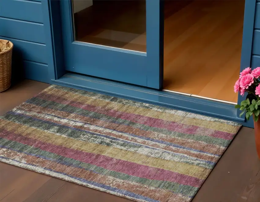 Blush Sage And Gold Striped Washable Indoor Outdoor Area Rug Photo 2