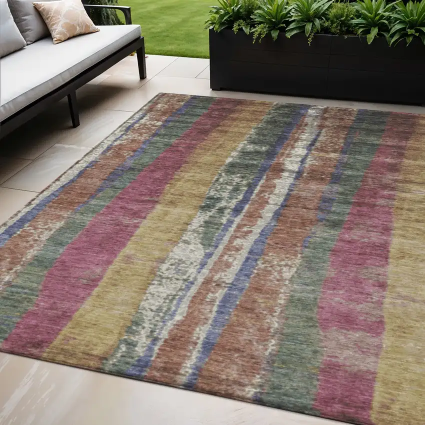 Blush Sage And Gold Striped Washable Indoor Outdoor Area Rug Photo 2