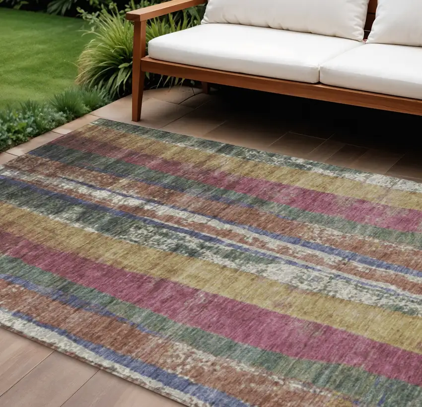 Blush Sage And Gold Striped Washable Indoor Outdoor Area Rug Photo 2