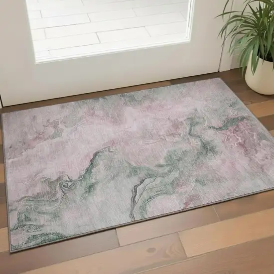 Blush Sage And Ivory Abstract Washable Area Rug With UV Protection Photo 2
