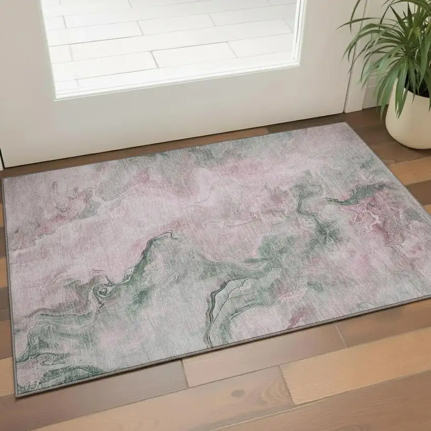 Blush Sage And Ivory Abstract Washable Area Rug With UV Protection Photo 2