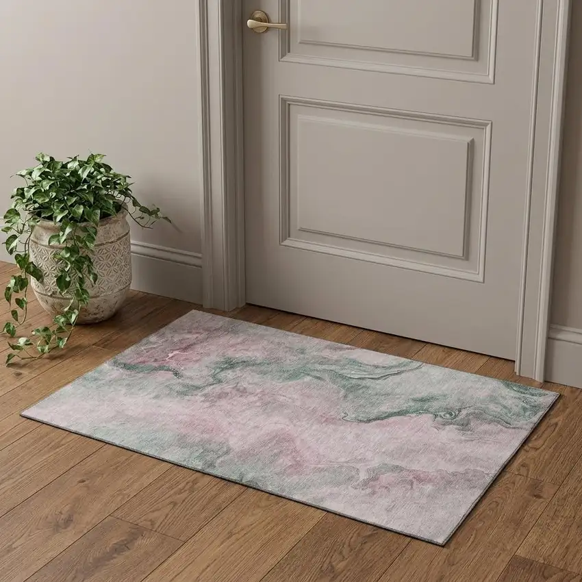 Blush Sage And Ivory Abstract Washable Area Rug With UV Protection Photo 1
