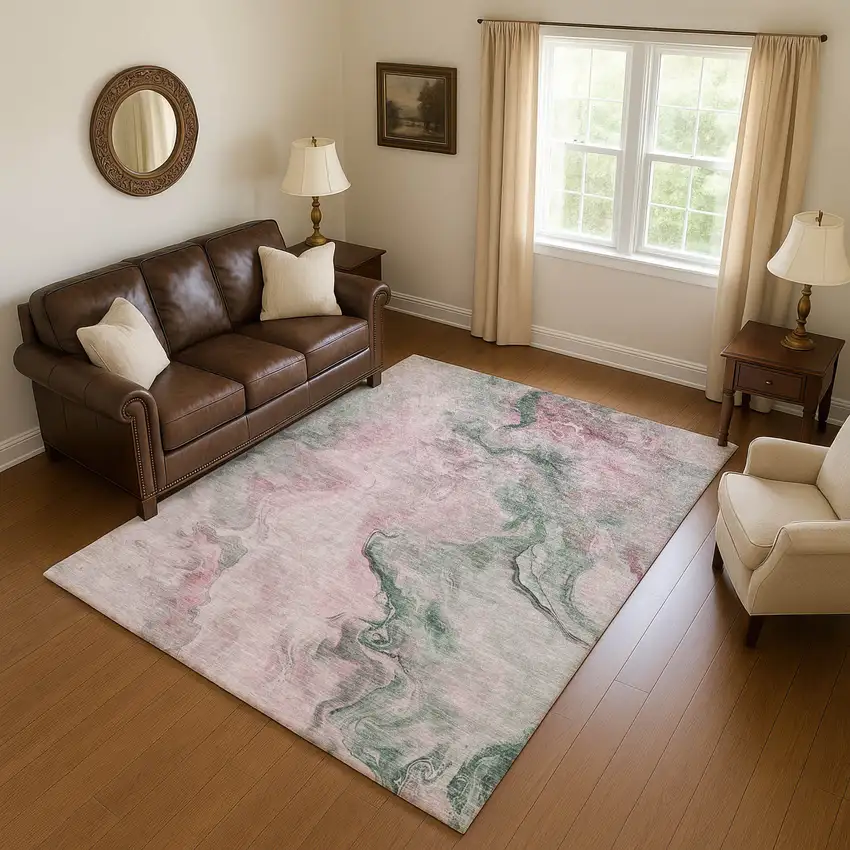 Blush Sage And Ivory Abstract Washable Area Rug With UV Protection Photo 3