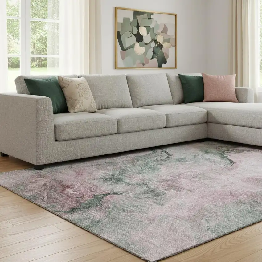 Blush Sage And Ivory Abstract Washable Area Rug With UV Protection Photo 2