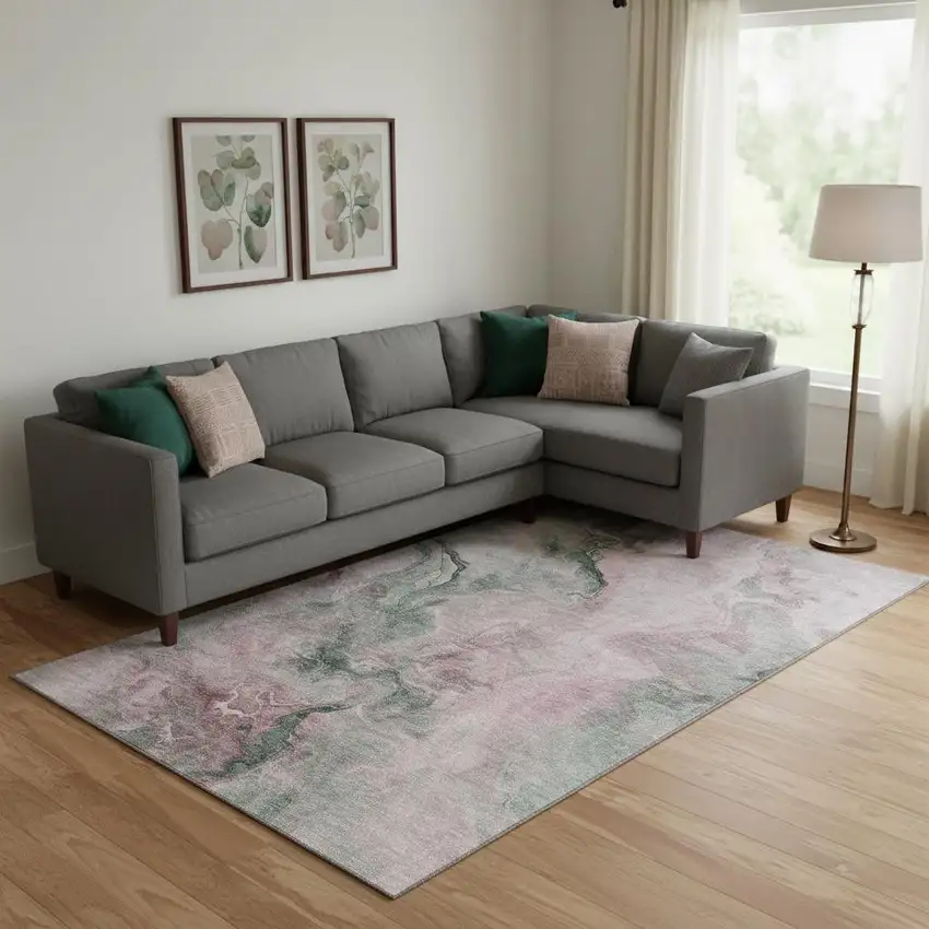 Blush Sage And Ivory Abstract Washable Area Rug With UV Protection Photo 2