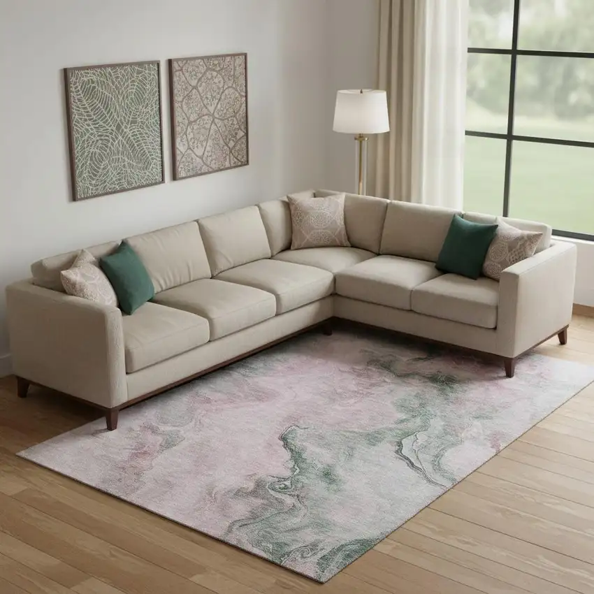 Blush Sage And Ivory Abstract Washable Area Rug With UV Protection Photo 2