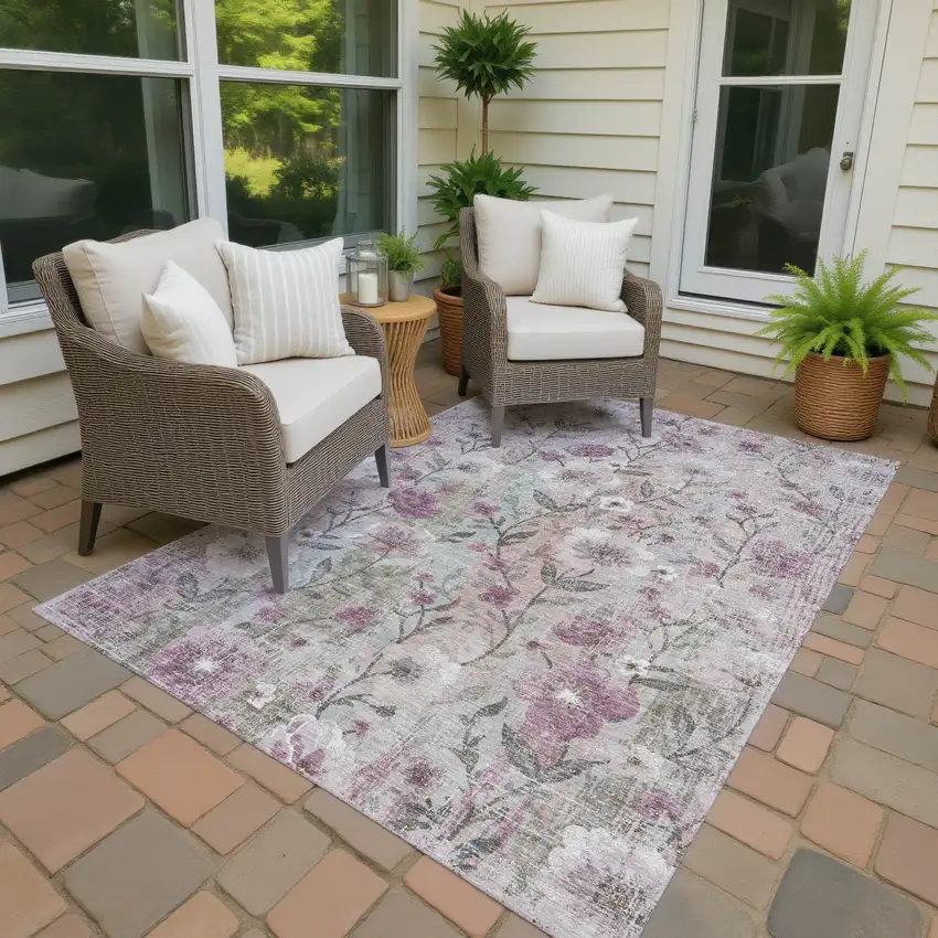Blush Silver And Mauve Floral Washable Indoor Outdoor Area Rug Photo 2