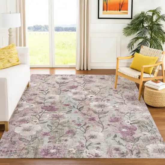 Blush Silver And Mauve Floral Washable Indoor Outdoor Area Rug Photo 3