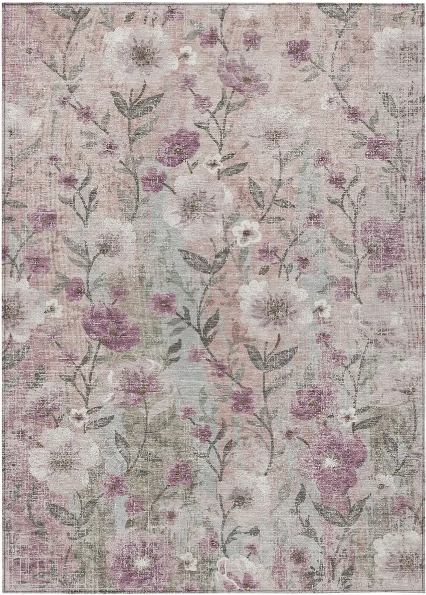 Blush Silver And Mauve Floral Washable Indoor Outdoor Area Rug Photo 7