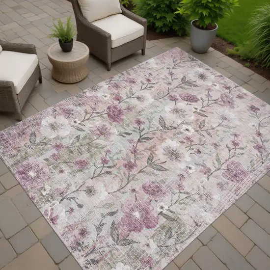 Blush Silver And Mauve Floral Washable Indoor Outdoor Area Rug Photo 5