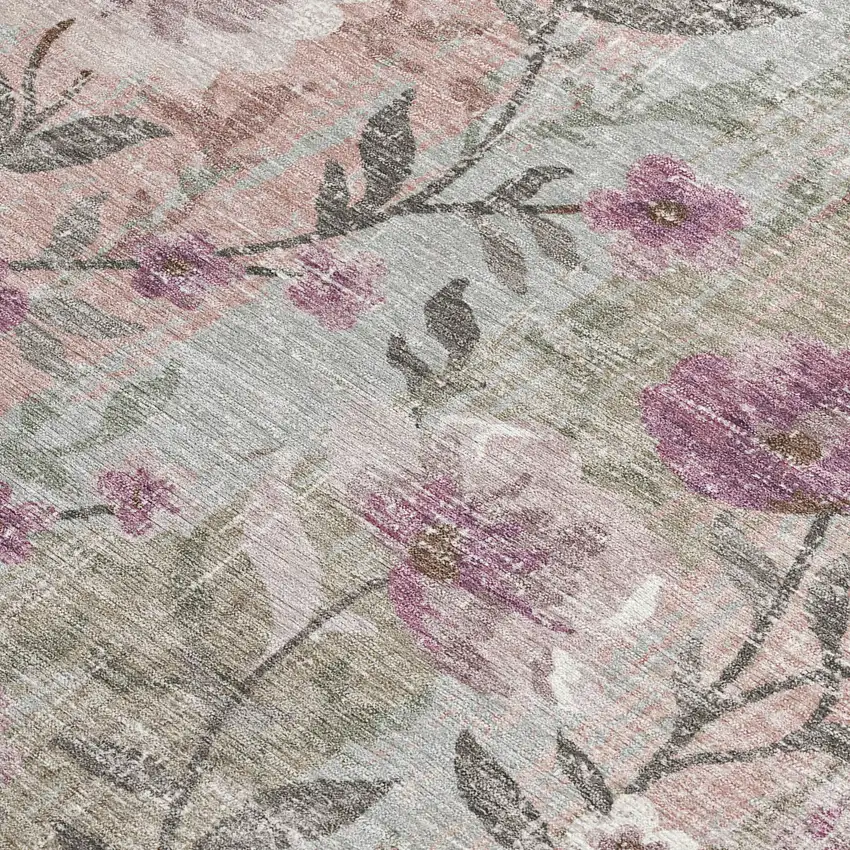 Blush Silver And Mauve Floral Washable Indoor Outdoor Area Rug Photo 2