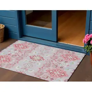 Photo of Blush Sky Blue And Brown Oriental Washable Indoor Outdoor Area Rug