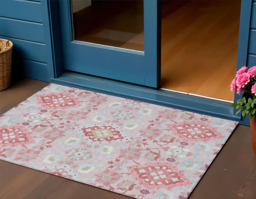 Blush Sky Blue And Brown Oriental Washable Indoor Outdoor Area Rug Photo 1