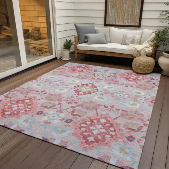 Blush Sky Blue And Brown Oriental Washable Indoor Outdoor Area Rug Photo 8