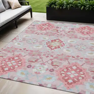 Photo of Blush Sky Blue And Brown Oriental Washable Indoor Outdoor Area Rug