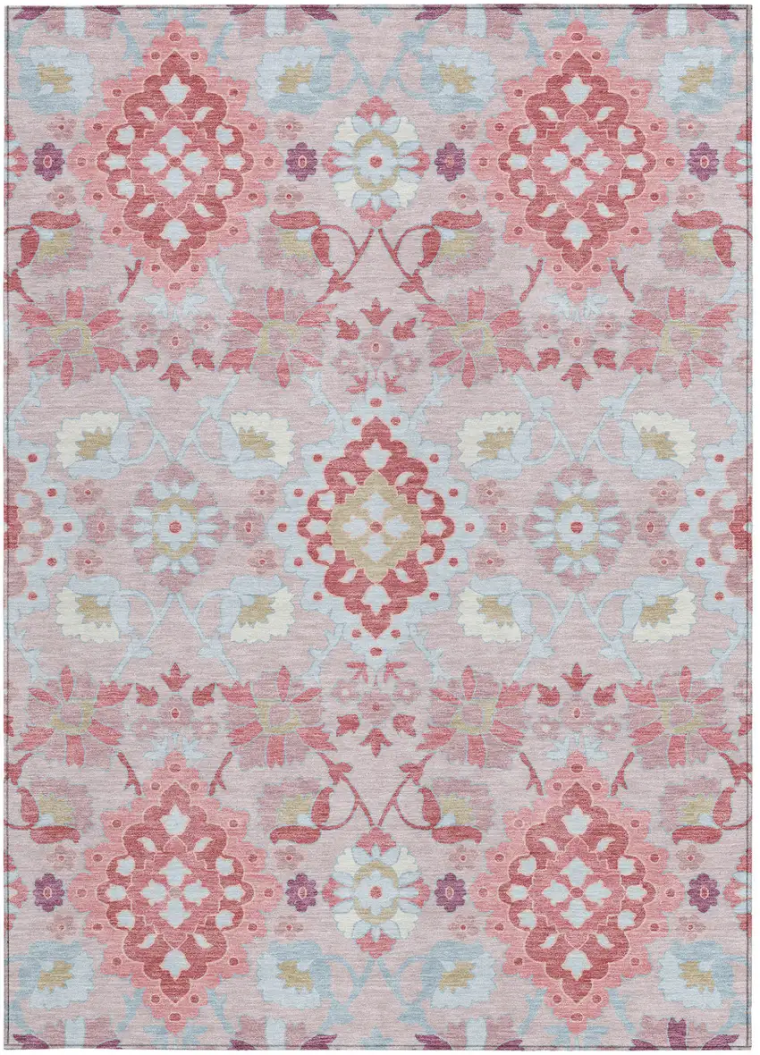 Blush Sky Blue And Brown Oriental Washable Indoor Outdoor Area Rug Photo 7