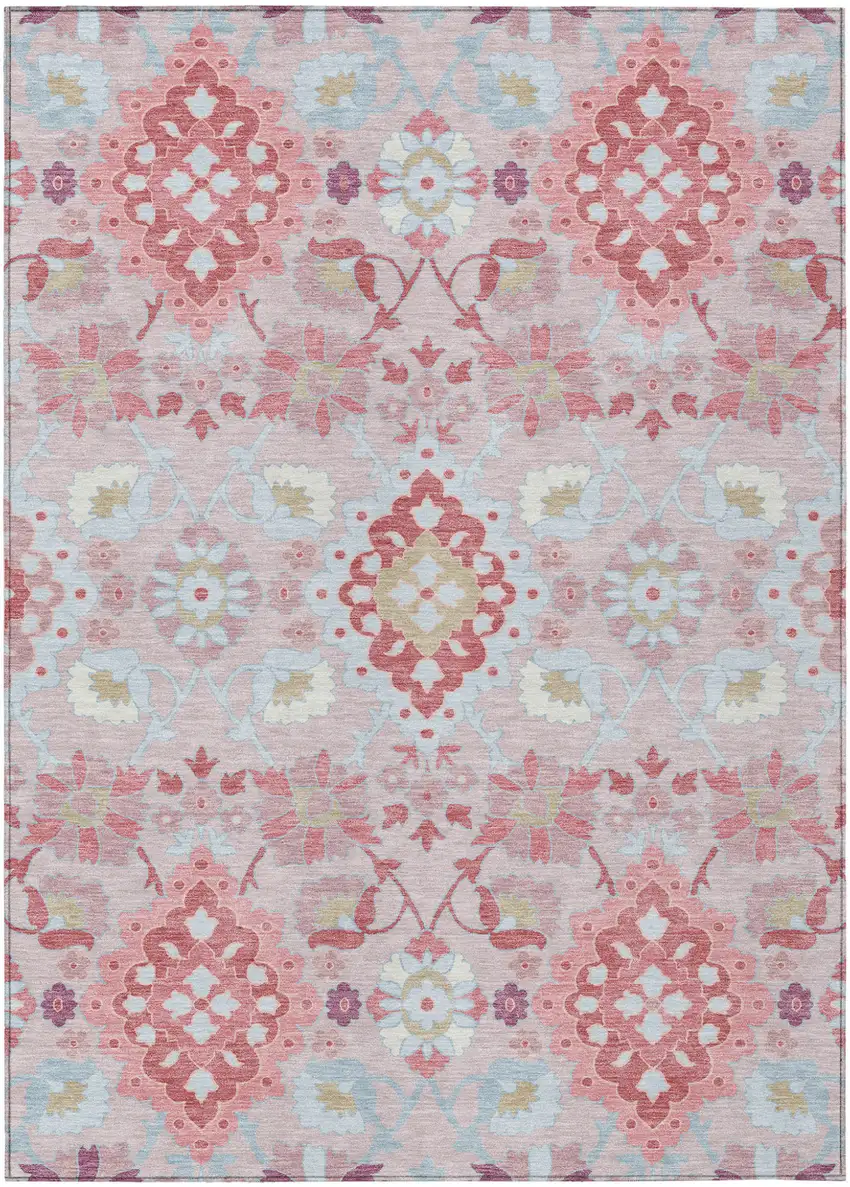 Blush Sky Blue And Brown Oriental Washable Indoor Outdoor Area Rug Photo 2