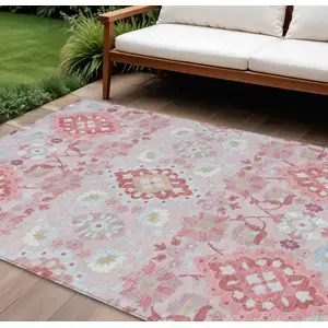 Photo of Blush Sky Blue And Brown Oriental Washable Indoor Outdoor Area Rug