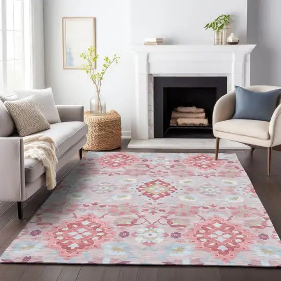Blush Sky Blue And Brown Oriental Washable Indoor Outdoor Area Rug Photo 9