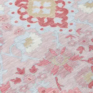 Photo of Blush Sky Blue And Brown Oriental Washable Indoor Outdoor Area Rug