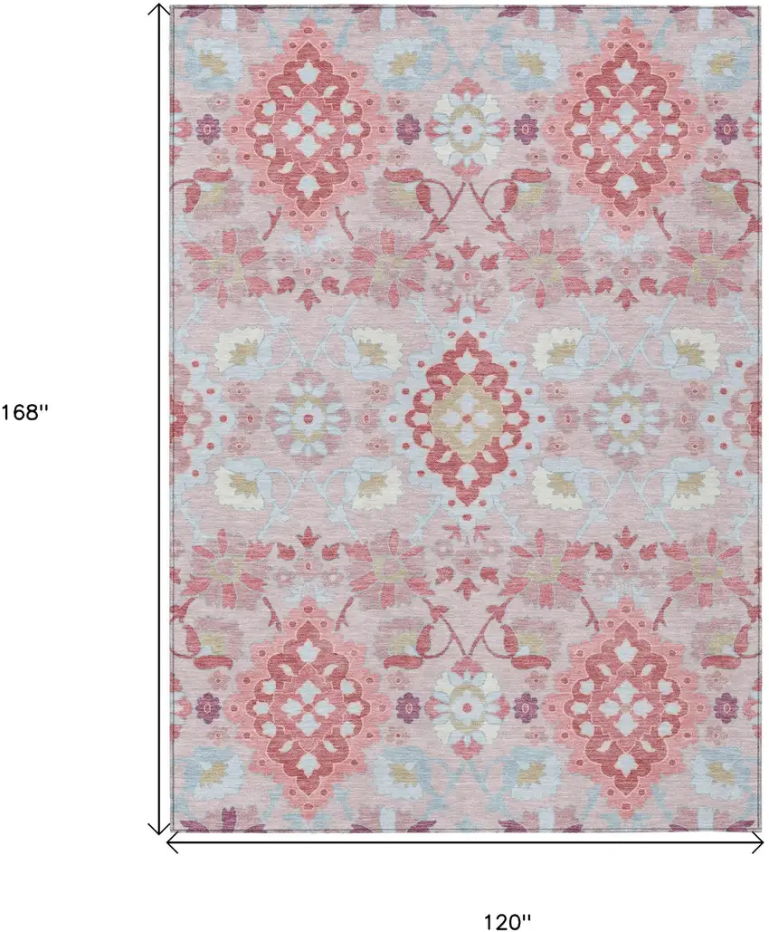 Blush Sky Blue And Brown Oriental Washable Indoor Outdoor Area Rug Photo 3
