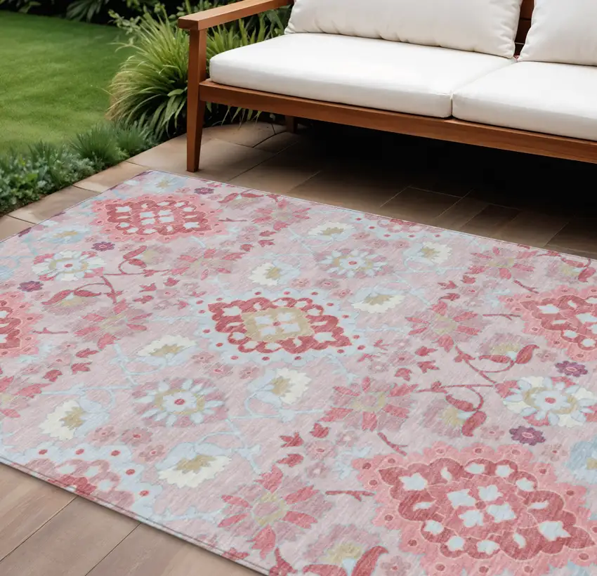 Blush Sky Blue And Brown Oriental Washable Indoor Outdoor Area Rug Photo 1