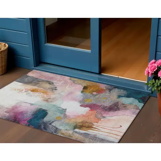Blush Teal Blue And Ivory Abstract Washable Indoor Outdoor Area Rug Photo 2