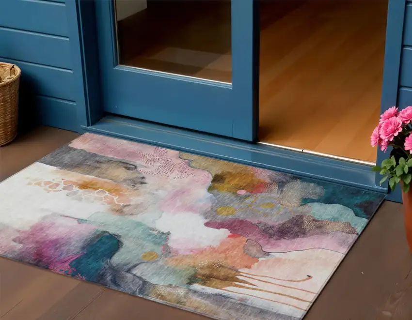 Blush Teal Blue And Ivory Abstract Washable Indoor Outdoor Area Rug Photo 2