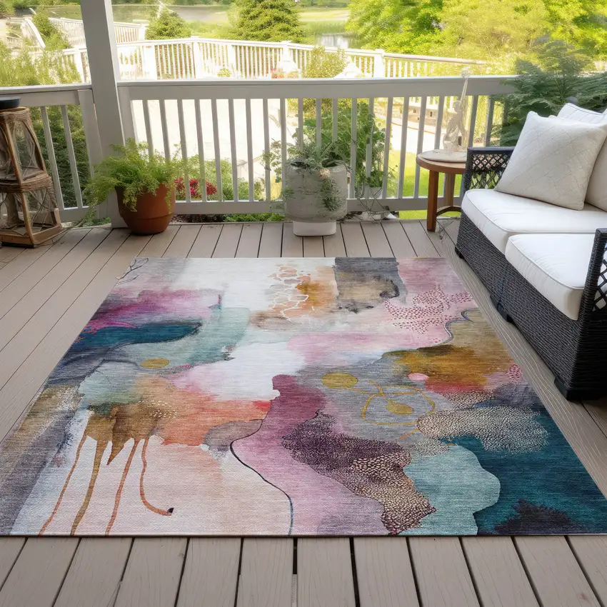 Blush Teal Blue And Ivory Abstract Washable Indoor Outdoor Area Rug Photo 6