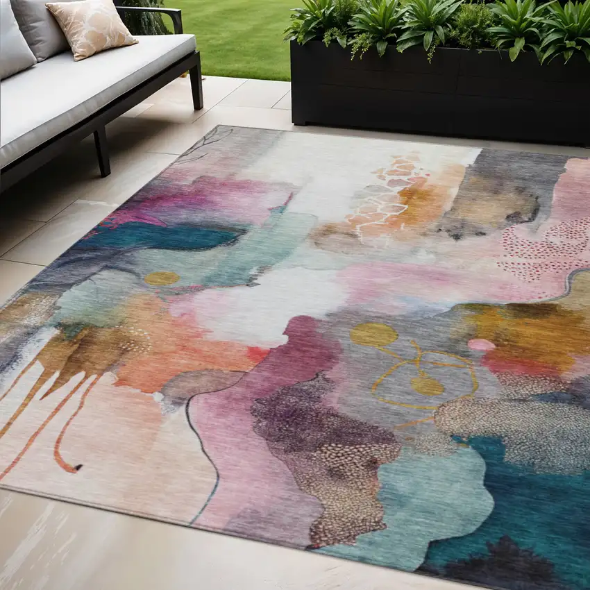 Blush Teal Blue And Ivory Abstract Washable Indoor Outdoor Area Rug Photo 2
