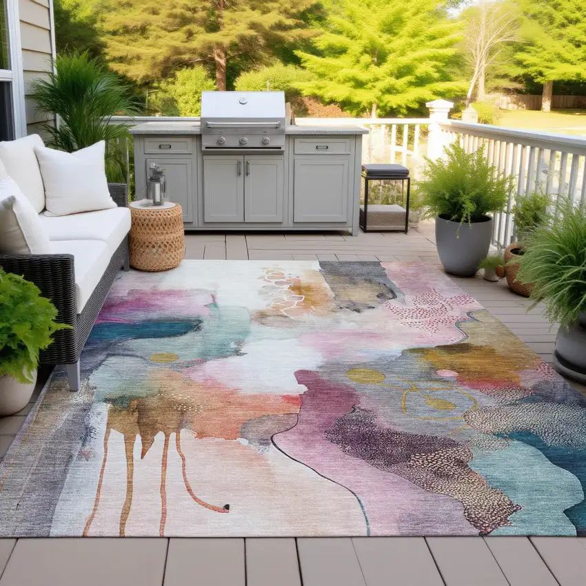 Blush Teal Blue And Ivory Abstract Washable Indoor Outdoor Area Rug Photo 4