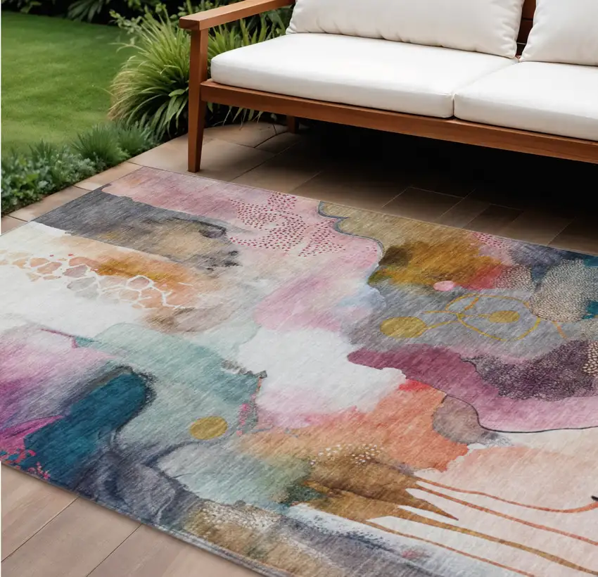 Blush Teal Blue And Ivory Abstract Washable Indoor Outdoor Area Rug Photo 2