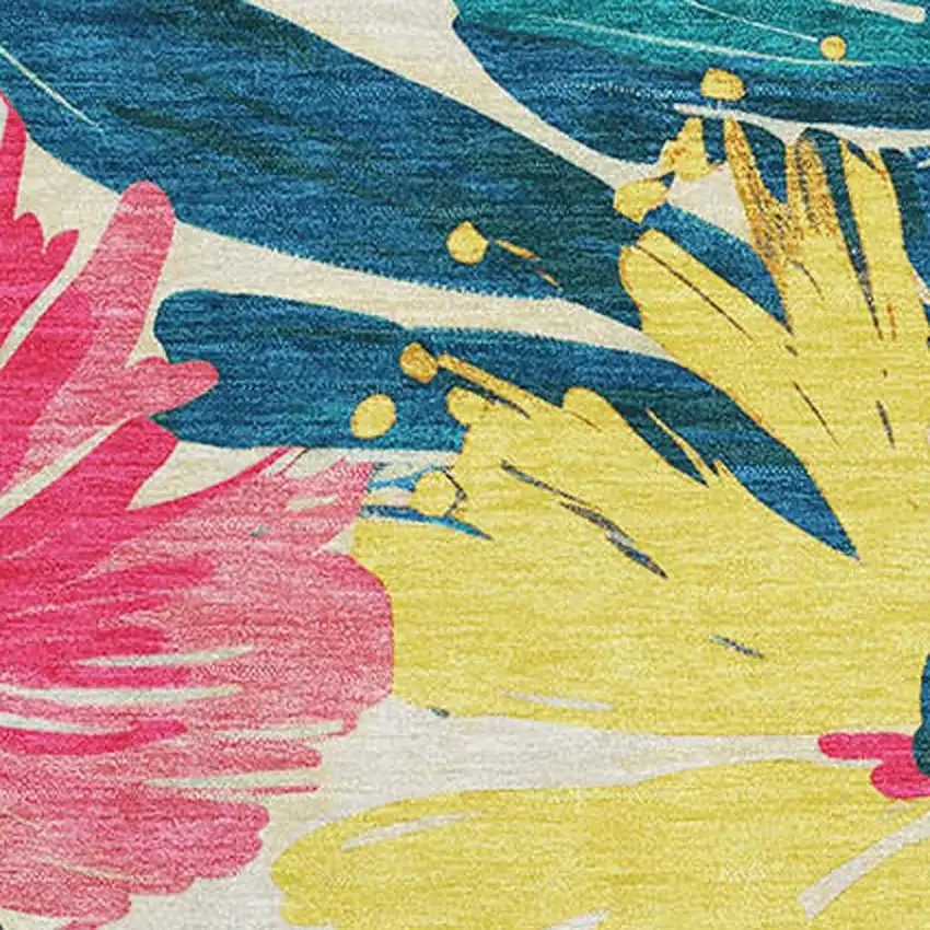 Blush Yellow And Blue Floral Washable Area Rug With UV Protection Photo 2