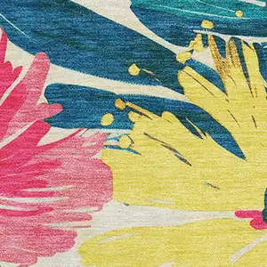 Photo of Blush Yellow And Blue Floral Washable Area Rug With UV Protection