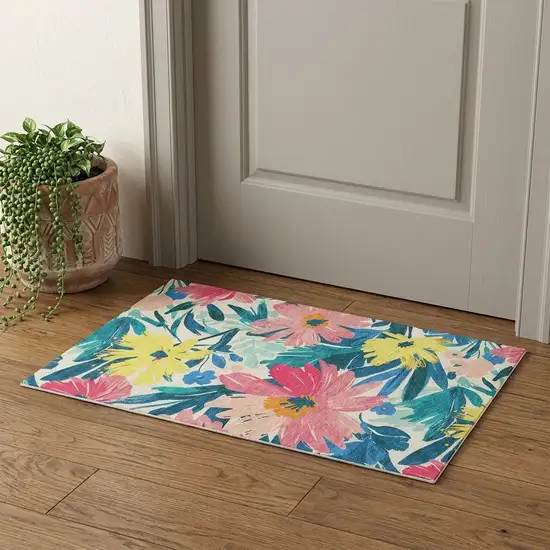 Blush Yellow And Blue Floral Washable Area Rug With UV Protection Photo 1