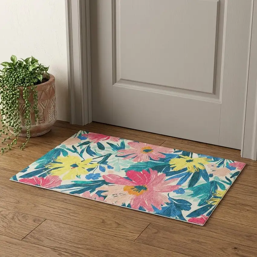 Blush Yellow And Blue Floral Washable Area Rug With UV Protection Photo 1