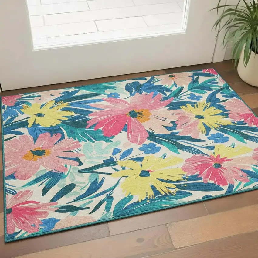 Blush Yellow And Blue Floral Washable Area Rug With UV Protection Photo 2