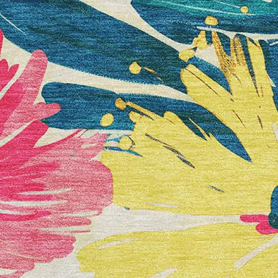 Blush Yellow And Blue Floral Washable Area Rug With UV Protection Photo 2