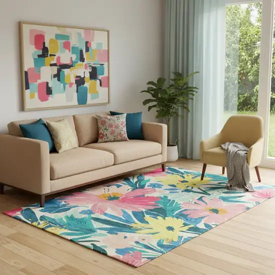 Blush Yellow And Blue Floral Washable Area Rug With UV Protection Photo 2