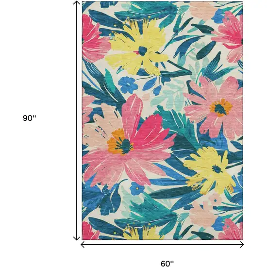 Blush Yellow And Blue Floral Washable Area Rug With UV Protection Photo 6