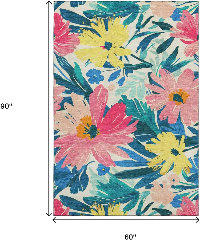 Blush Yellow And Blue Floral Washable Area Rug With UV Protection Photo 6