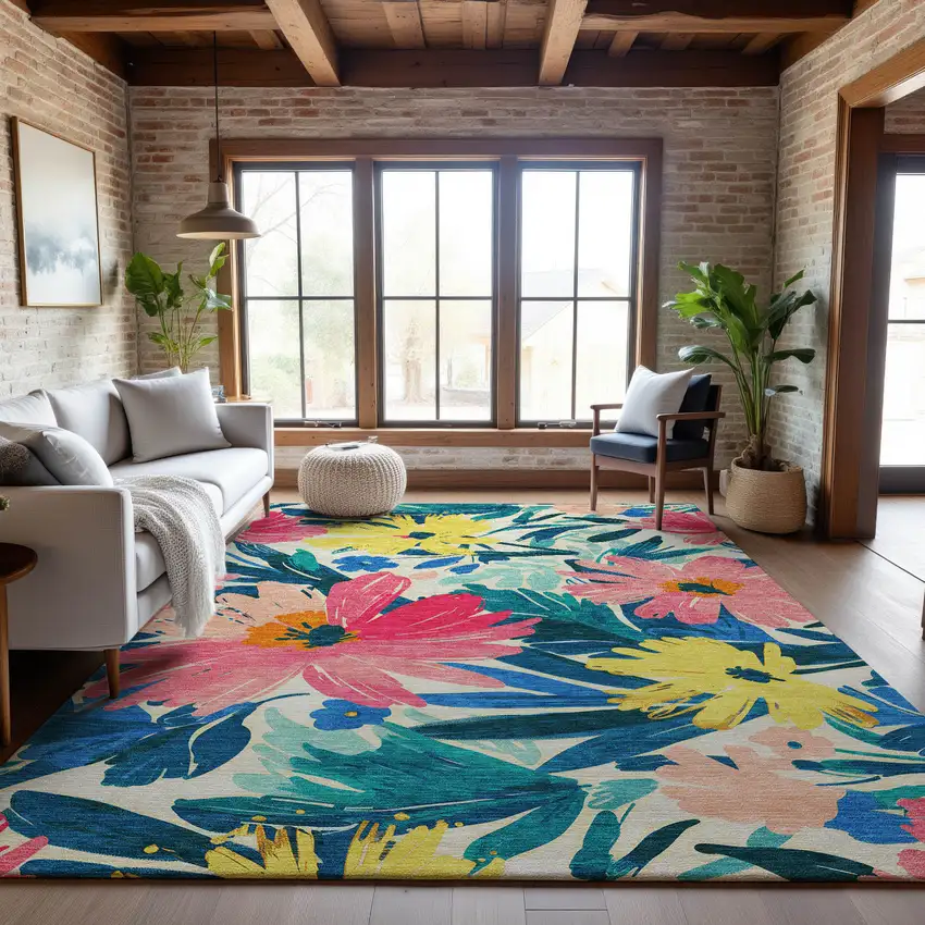 Blush Yellow And Blue Floral Washable Area Rug With UV Protection Photo 5